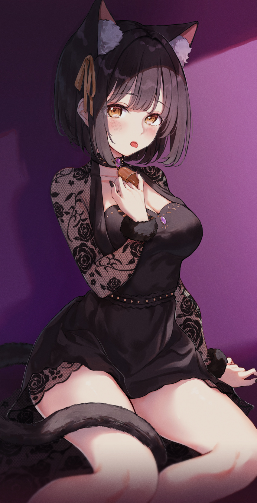 1girl absurdres animal_ear_fluff animal_ears arm_support bare_legs bell black_dress black_hair blush breasts cat_ears cat_tail chilia012 cleavage collarbone commentary dress extra_ears fingernails floral_print hair_ribbon highres idolmaster idolmaster_cinderella_girls looking_at_viewer medium_breasts nail_polish neck_bell ribbon see-through see-through_sleeves short_hair simple_background sitting solo symbol-only_commentary tail takafuji_kako tongue tongue_out