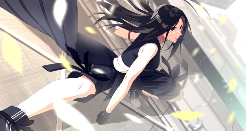 1girl armband bare_arms black_gloves black_hair black_shorts black_vest breasts clenched_hand closed_mouth commentary cropped_vest falling_petals fighting_stance final_fantasy final_fantasy_vii final_fantasy_vii_advent_children floating_hair from_side gloves highres large_breasts long_hair looking_ahead making-of_available on_wall onimoti outstretched_leg petals red_eyes shoes shorts solo tifa_lockhart v-shaped_eyebrows vest