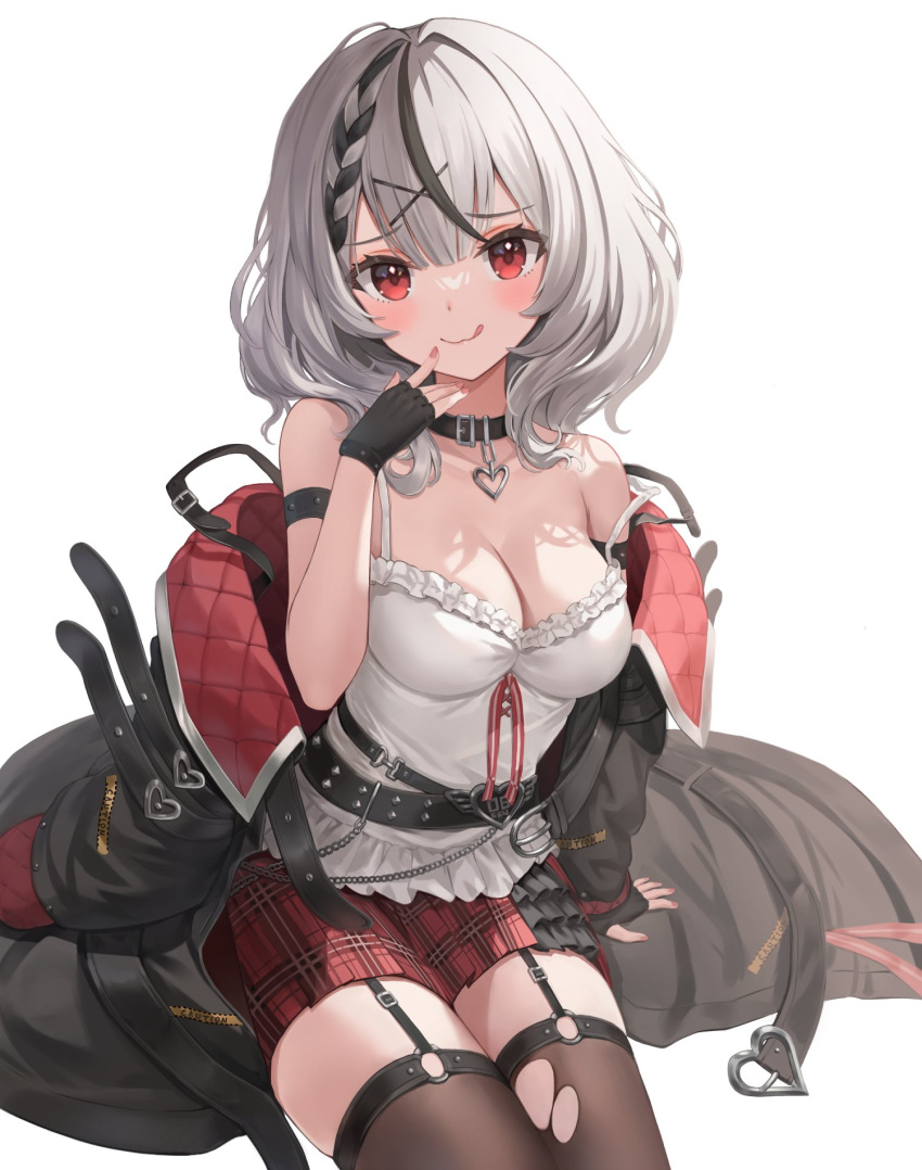 1girl :q arm_strap arm_support bangs bare_shoulders belt belt_collar black_belt black_garter_straps black_gloves black_hair black_jacket black_thighhighs blunt_bangs blush braid breasts buckle camisole cleavage collar commentary fingerless_gloves frilled_camisole frills garter_straps gloves grey_hair hair_intakes hair_ornament hand_up heart highres hololive invisible_chair jacket jacket_partially_removed kara_(exovum) looking_at_viewer medium_breasts miniskirt multicolored_hair plaid plaid_skirt pleated_skirt red_eyes red_skirt sakamata_chloe short_hair sidelocks silver_chain simple_background sitting skirt smile solo spaghetti_strap strap_slip streaked_hair symbol-only_commentary thighhighs thighs tongue tongue_out torn_clothes torn_thighhighs two-tone_hair virtual_youtuber white_background white_camisole x_hair_ornament zettai_ryouiki