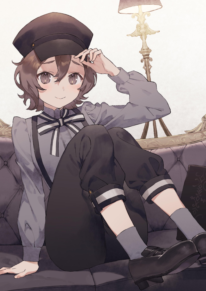 1girl absurdres black_bow black_bowtie black_footwear black_headwear black_pants bow bowtie brown_eyes brown_hair couch grey_socks hat highres lamp looking_at_viewer noco_(adamas) official_art pants sara_(spy_kyoushitsu) second-party_source sitting smile socks solo spy_kyoushitsu suspenders white_bow white_bowtie