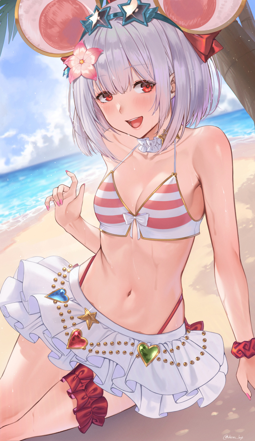 1girl animal_ears beach bikini bikini_skirt blush breasts commission deras extra_ears eyewear_on_head flower granblue_fantasy hair_flower hair_ornament highres legwear_garter looking_at_viewer medium_breasts medium_hair mouse mouse_ears nail_polish navel ocean open_mouth pixiv_commission red_eyes sitting smile star-shaped_eyewear striped striped_bikini swimsuit vikala_(blooming_summer_wallflower)_(granblue_fantasy) vikala_(granblue_fantasy) white_hair