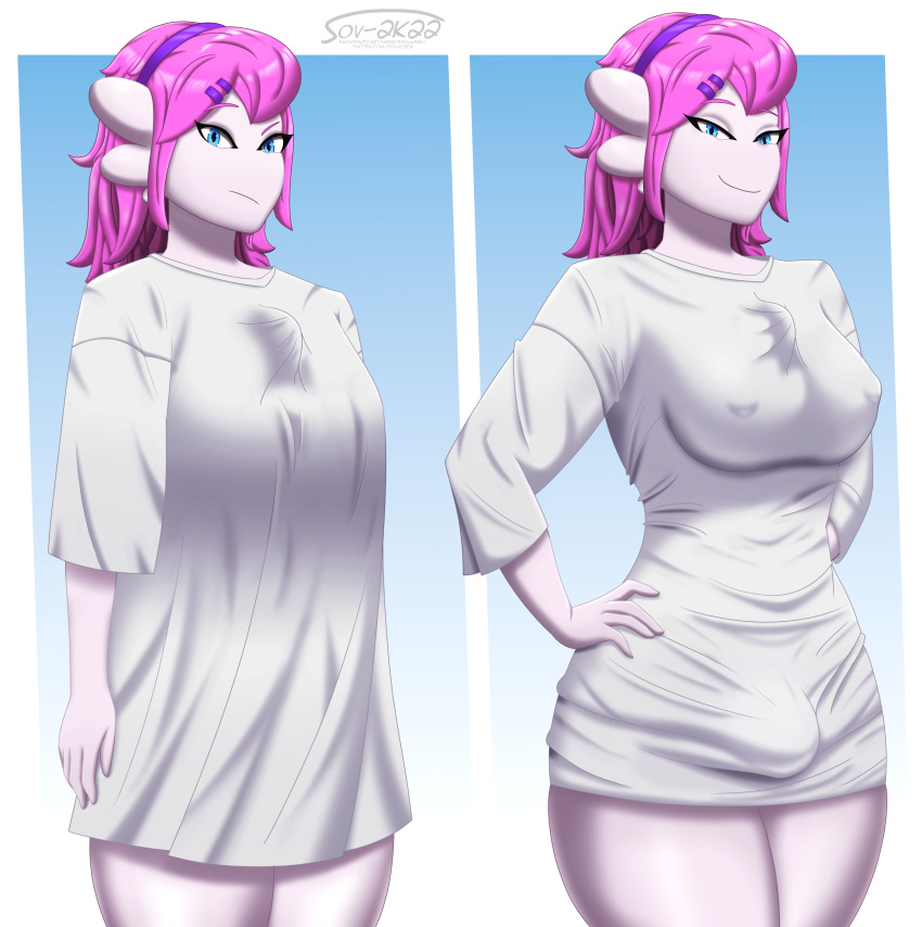 absurd_res accessory anthro baggy_clothing blue_eyes breasts bulge clothing clothing_pull gardevoir generation_3_pokemon genitals gynomorph hair hair_accessory hand_on_hip hi_res intersex medium_breasts nintendo nipple_outline penis pink_hair pokemon pokemon_(species) shirt shirt_pull smug solo sovulsen t-shirt tight_clothing topwear topwear_pull white_body white_skin