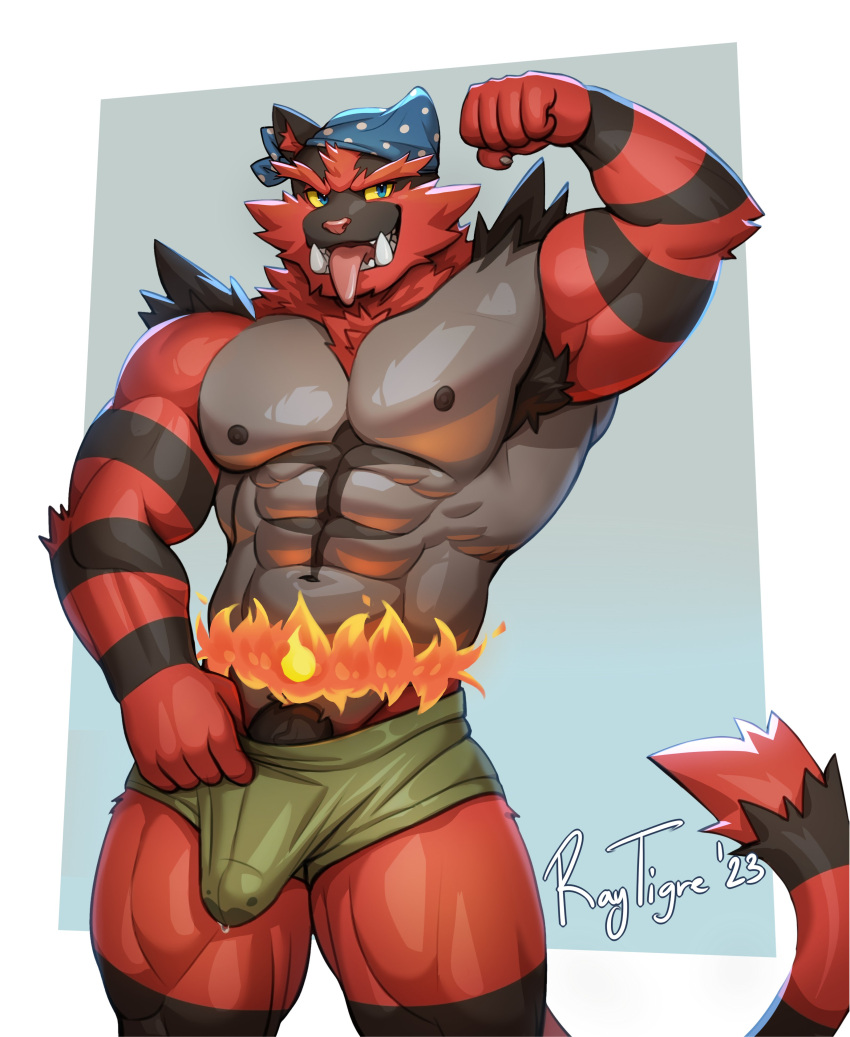 2023 abs absurd_res anthro armpit_hair bandanna barazoku biceps big_bulge big_muscles big_penis blue_background bodily_fluids body_hair border briefs bulge claws clothed clothing detailed_bulge erection erection_under_clothing fire flexing fur generation_7_pokemon genital_fluids genital_outline genitals hi_res huge_muscles huge_thighs humanoid_genitalia humanoid_penis incineroar kerchief looking_at_viewer male muscular muscular_anthro muscular_male navel nintendo nipples obliques open_mouth open_smile pecs penis penis_base penis_outline pokemon pokemon_(species) precum precum_through_briefs precum_through_clothing precum_through_underwear quads raytig12 signature simple_background smile solo standing teeth tenting thick_thighs tongue tongue_out topless topless_anthro topless_male tuft underwear wet wet_briefs wet_clothing wet_underwear white_border