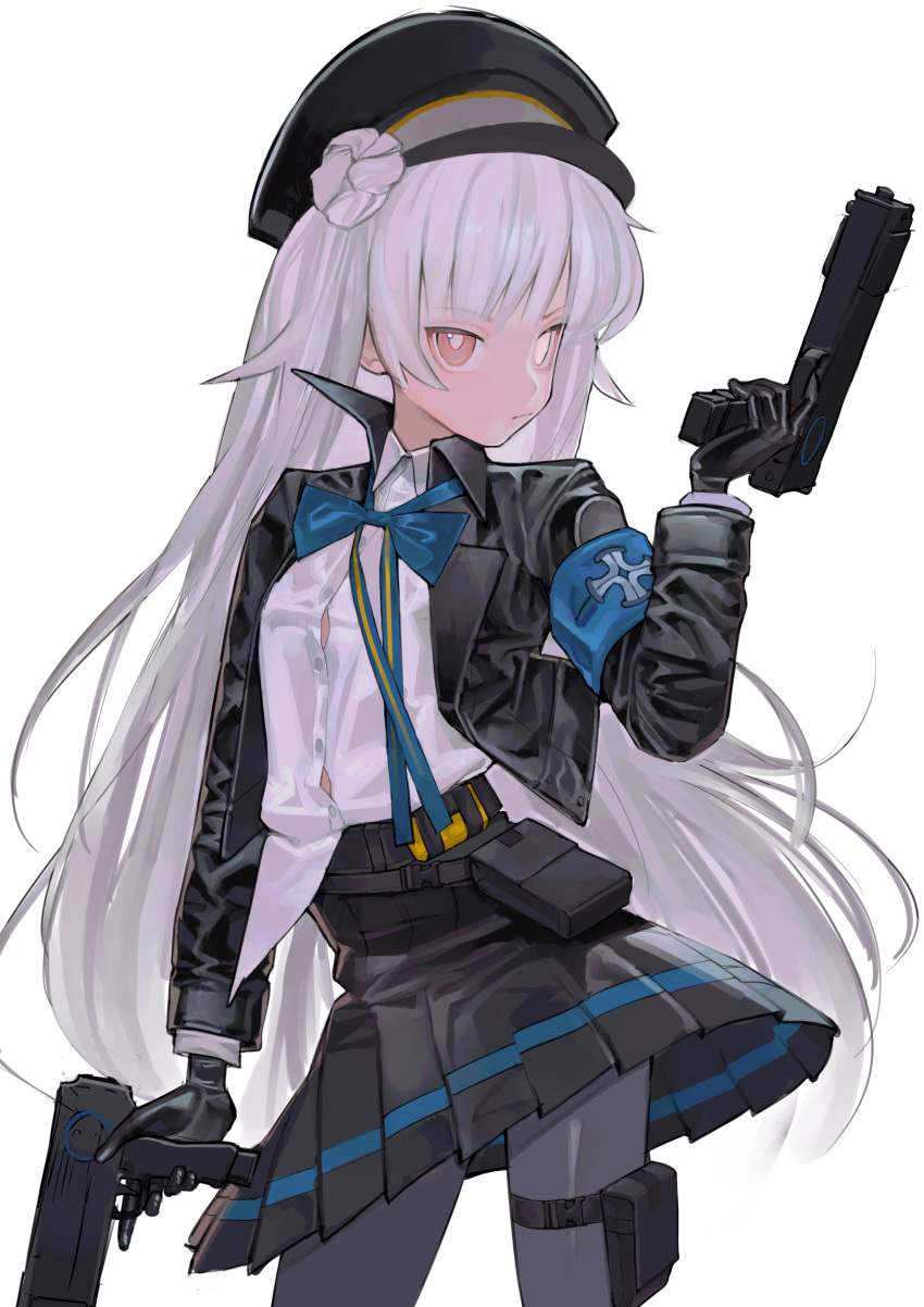 1girl absurdres armband black_gloves black_headwear black_jacket black_pantyhose black_skirt bow closed_mouth dual_wielding gloves goddess_of_victory:_nikke gun hair_bun hat highres holding holding_gun holding_weapon jacket long_hair long_sleeves looking_at_viewer pantyhose pleated_skirt red_eyes saaal653 shirt shirt_partially_tucked_in simple_background single_side_bun skirt soline_(nikke) solo thigh_strap very_long_hair weapon white_background white_hair white_shirt