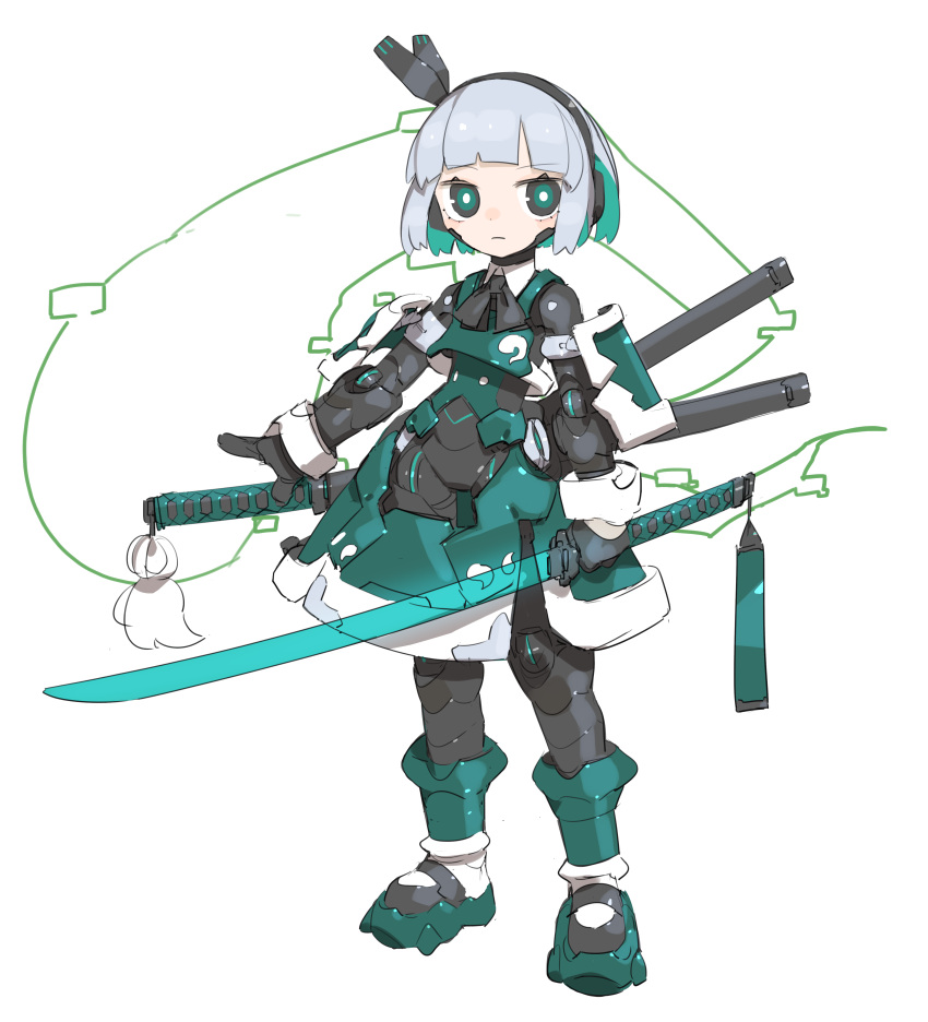 1girl absurdres black_eyes black_ribbon bob_cut bright_pupils cheri_zao closed_mouth colored_inner_hair commentary expressionless full_body green_eyes green_hair green_vest grey_hair highres holding holding_sword holding_weapon katana konpaku_youmu konpaku_youmu_(ghost) looking_at_viewer mechanization multicolored_hair ribbon robot_girl sheath short_hair solo sword touhou transparent_sword two-tone_hair vest weapon white_background white_pupils