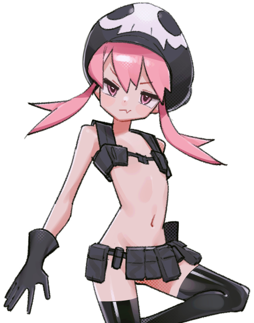 1girl absurdres bangs black_gloves black_headwear black_thighhighs breasts closed_mouth fang gloves hat highres holster jakuzure_nonon kill_la_kill nudist_beach_uniform pink_eyes pink_hair saaal653 shoulder_holster simple_background skin_fang small_breasts solo thighhighs twintails white_background