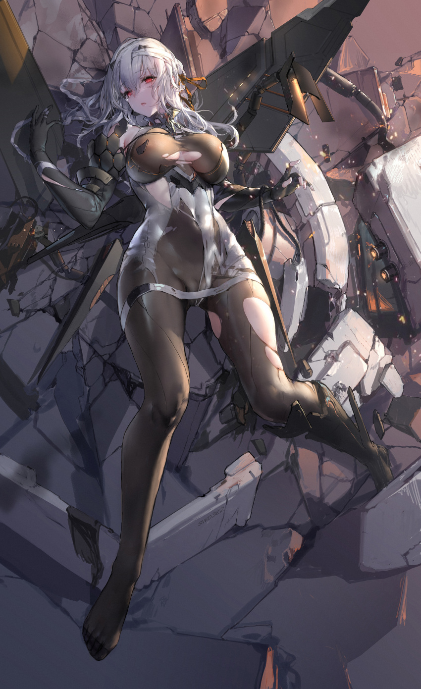 1girl absurdres bandages bangs bare_shoulders black_gloves bodysuit breasts brown_bodysuit cameltoe covered_navel elbow_gloves gloves goddess_of_victory:_nikke highres large_breasts long_hair looking_at_viewer modernia_(nikke) red_eyes solo swd3e2 torn_clothes white_hair