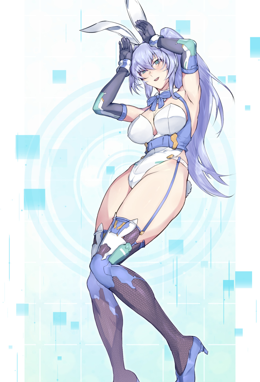 1girl animal_ears armpits arms_up bangs bare_shoulders blue_footwear blue_garter_straps blue_gloves blue_hair blue_thighhighs blush breasts commentary_request depo_(typebaby505) elbow_gloves fake_animal_ears gloves green_eyes high_heels highleg highleg_leotard highres large_breasts leotard long_hair looking_at_viewer mecha_musume original parted_lips playboy_bunny ponytail rabbit_ears smile solo thighhighs thighs white_leotard