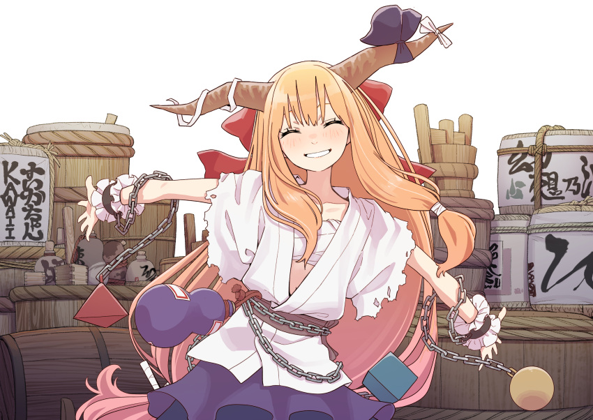 1girl absurdres blue_ribbon blue_skirt blush bottle bow brown_sash chain closed_eyes facing_viewer gourd hair_bow highres horn_ornament horn_ribbon horns ibuki_suika kawayabug long_hair masu navel oni_horns orange_hair outstretched_arms red_bow ribbon skirt smile solo spread_arms torn_clothes torn_sleeves touhou upper_body wrist_cuffs