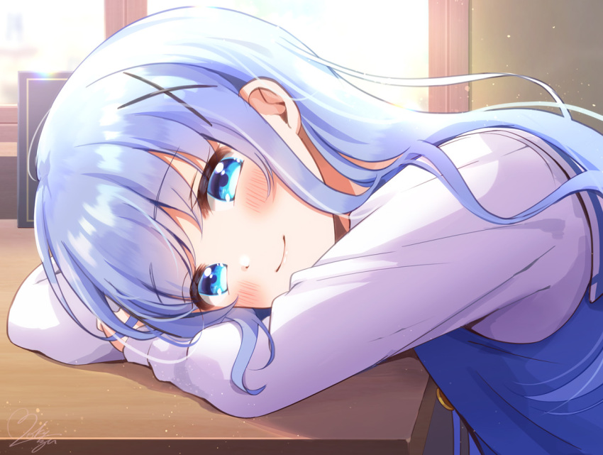 1girl blue_eyes blue_hair blue_vest blush commentary_request day gochuumon_wa_usagi_desu_ka? hair_ornament indoors kafuu_chino light_blue_hair long_sleeves looking_at_viewer mozukun43 rabbit_house_uniform shirt signature smile solo vest white_shirt x_hair_ornament