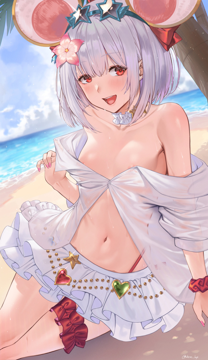 1girl animal_ears areola_slip beach bikini bikini_skirt breasts cleavage commission covered_nipples deras extra_ears eyewear_on_head flower granblue_fantasy hair_flower hair_ornament highres legwear_garter looking_at_viewer medium_breasts medium_hair mouse mouse_ears nail_polish navel nipple_slip nipples ocean open_mouth pixiv_commission red_eyes shirt sitting smile star-shaped_eyewear striped striped_bikini swimsuit vikala_(blooming_summer_wallflower)_(granblue_fantasy) vikala_(granblue_fantasy) white_hair white_shirt