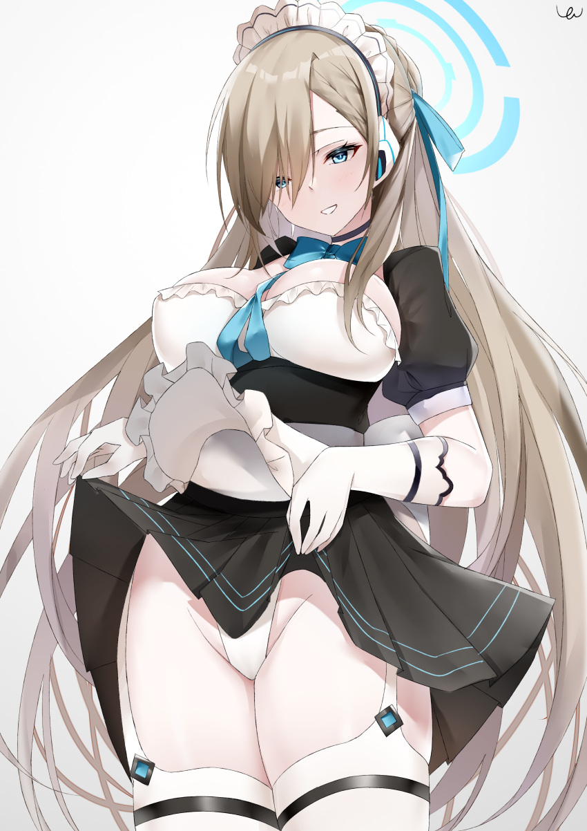 1girl absurdres alternate_costume asuna_(blue_archive) black_skirt blue_archive blue_bow blue_bowtie blue_ribbon bow bowtie breasts brown_hair cleavage clothes_lift commentary_request enmaided garter_straps gloves grey_background hair_over_one_eye hair_ribbon halo highres large_breasts lifted_by_self long_hair looking_at_viewer maid maid_headdress panties puffy_short_sleeves puffy_sleeves ribbon short_sleeves skirt skirt_lift smile solo thighhighs thighs underwear very_long_hair white_gloves white_panties white_thighhighs yanwulazy