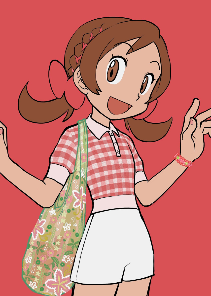 1girl :d alternate_costume bangs bow braid brown_eyes brown_hair buttons checkered_clothes checkered_shirt commentary cowboy_shot elizabeth_(tomas21) green_bag hair_bow hands_up highres long_hair looking_at_viewer lyra_(pokemon) open_mouth pink_background pokemon pokemon_(game) pokemon_hgss shirt short_sleeves shorts simple_background smile solo twintails w_arms white_shorts