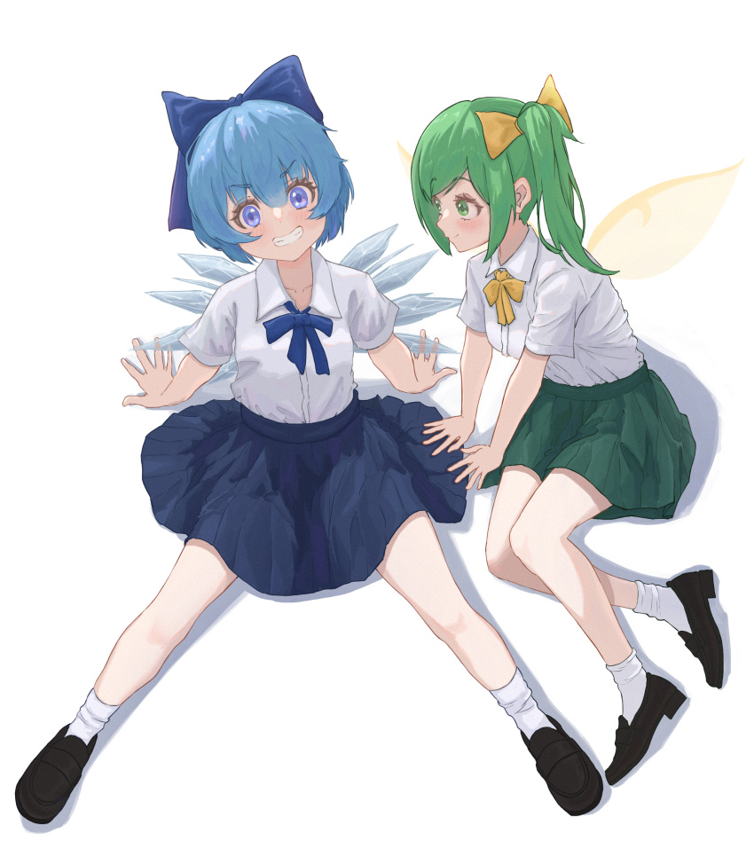 2girls absurdres alternate_costume black_footwear blue_bow blue_eyes blue_hair blue_skirt blush bow cirno closed_mouth collared_shirt daiyousei esthoric fairy fairy_wings full_body green_eyes green_hair green_skirt grin hair_bow highres ice ice_wings long_hair multiple_girls pleated_skirt shirt shoes short_hair short_sleeves side_ponytail skirt smile socks touhou white_shirt white_socks wings