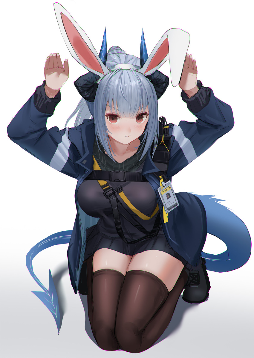 1girl absurdres animal_ears arknights arms_up black_footwear black_skirt black_sweater blue_hair blue_jacket blush boots breasts bunny_pose commentary_request dragon_horns fake_animal_ears highres horns id_card jacket kneeling large_breasts light_blue_hair liskarm_(arknights) long_hair long_sleeves looking_at_viewer miniskirt open_clothes open_jacket pleated_skirt ponytail rabbit_ears red_eyes sidelocks simple_background skindentation skirt solo sthk sweatdrop sweater tail thighhighs white_background