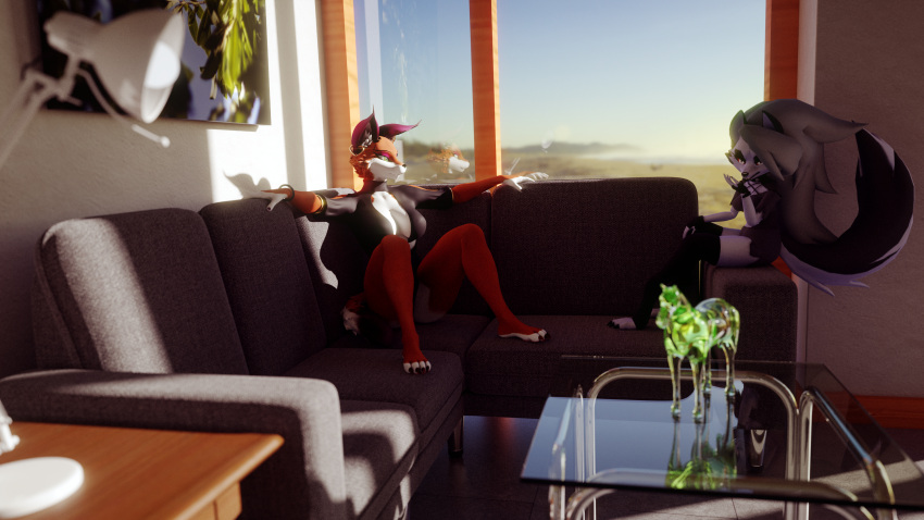 16:9 3d_(artwork) 4k_resolution absurd_res anthro beach blender_(software) blender_cycles bodysuit bottomwear breasts canid canid_demon canine canis cleavage clothed clothing demon digital_media_(artwork) duo equid equine female fox foxxy_vixen foxy_(original) furniture glass hellhound helluva_boss hi_res horse huge_filesize lamp latex leather light light_beam loona_(helluva_boss) mammal metal ornament painting_(object) pinup pose sand seaside sexy_eyes shadow shirt shorts sighing skinsuit sofa spread_arms spread_legs spreading sun sunlight swimwear table tight_clothing topwear wall_(structure) widescreen window window_frame