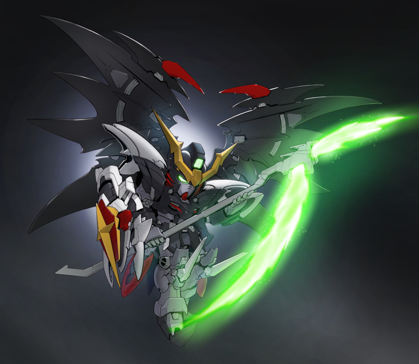 absurdres beam_scythe dated_commentary deformed energy_weapon green_eyes gundam gundam_deathscythe gundam_deathscythe_hell_custom gundam_wing gundam_wing_endless_waltz highres holding holding_scythe holding_weapon mecha mechanical_wings mobile_suit robot science_fiction scythe solo v-fin weapon wings zakuma