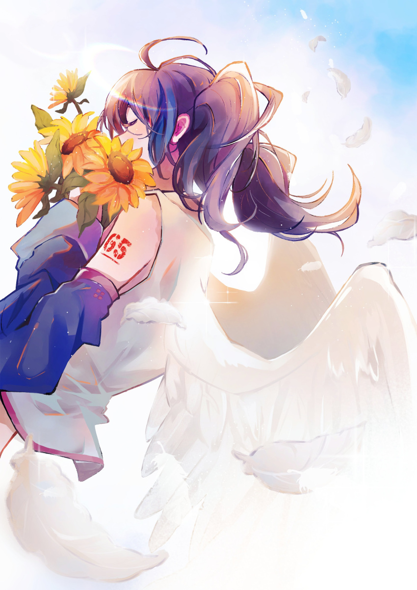 1girl absurdres ahoge angel_wings bangs black_hair blue_hair chiyo_loves closed_eyes covering_mouth detached_sleeves falling_feathers feathered_wings feathers flower from_side highres holding holding_flower long_hair long_sleeves multicolored_hair shirt sky sleeveless sleeveless_shirt solo sunflower twintails two-tone_hair utau wings yokune_ruko