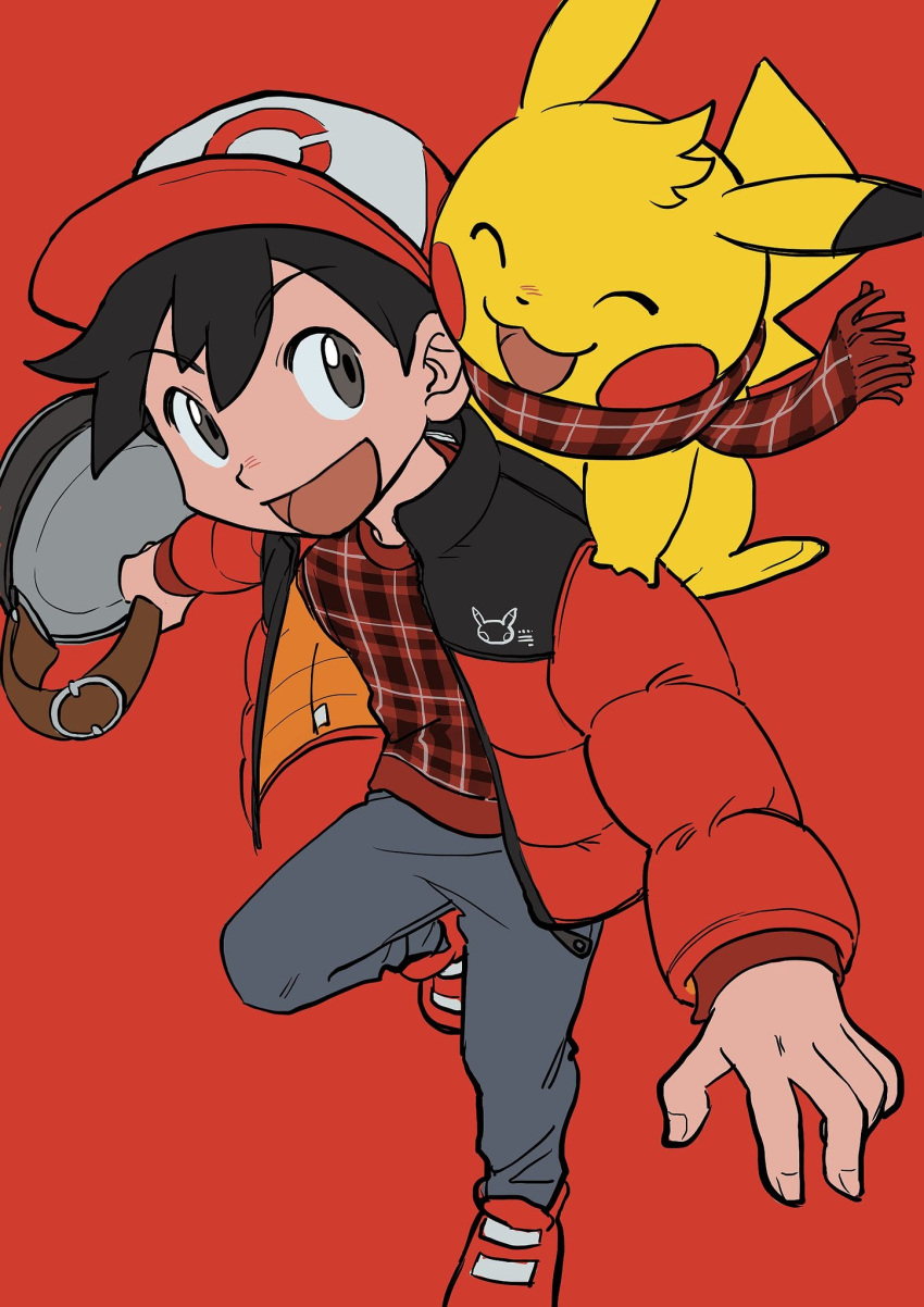 1boy :d alternate_costume bag_removed bangs black_hair commentary elizabeth_(tomas21) grey_eyes grey_pants highres holding jacket leg_up long_sleeves male_focus open_clothes open_jacket open_mouth pants pikachu plaid plaid_scarf plaid_shirt pokemon pokemon_(creature) pokemon_(game) pokemon_lgpe red_(pokemon) red_background red_footwear red_jacket scarf shirt shoes short_hair simple_background smile