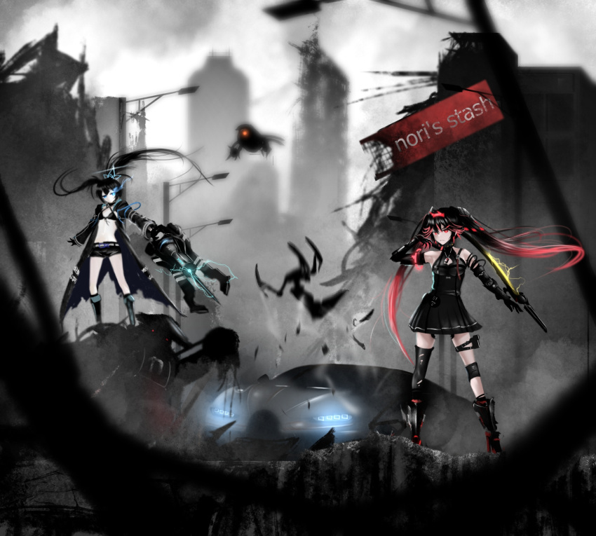 2girls accessories arm_cannon bangs belt bikini bikini_top_only black_gloves black_hair black_rock_shooter black_rock_shooter_(character) black_shorts blue_eyes boots breasts chain coat crossover dog_tags dress flaming_eye gloves glowing glowing_eye hair_between_eyes hair_ornament highres holding holding_sword holding_weapon huge_weapon katana long_hair looking_at_viewer lucia_(punishing:_gray_raven) mechanical_arms mechanical_parts midriff multicolored_hair multiple_girls navel pale_skin prosthesis prosthetic_arm punishing:_gray_raven red_eyes red_hair saif_artz short_shorts shorts swimsuit sword thigh_pouch thighhighs twintails uneven_twintails very_long_hair weapon