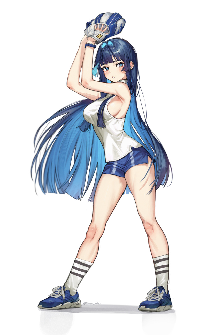 1girl absurdres alternate_costume bangs bare_shoulders baseball_mitt blue_eyes blue_hair blue_shorts blush breasts colored_inner_hair commentary dolphin ear_piercing earrings english_commentary full_body hair_intakes highres hololive hololive_english jewelry large_breasts long_hair looking_at_viewer multicolored_hair official_alternate_hairstyle ouro_kronii piercing shirt shoes short_shorts shorts sideboob simple_background sleeveless sleeveless_shirt sneakers socks solo sportswear standing tenchi_mayo turtleneck very_long_hair virtual_youtuber white_background white_footwear white_shirt white_socks