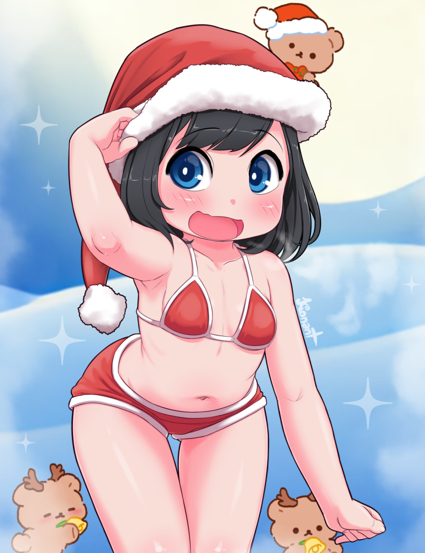 1girl :d bikini bikini_shorts black_hair blue_eyes blush bob_cut breasts christmas full_moon hand_up hat highres kionant looking_at_viewer medium_hair moon navel pokemon pokemon_(game) pokemon_sm red_bikini red_headwear red_shorts santa_bikini santa_hat selene_(pokemon) shorts signature small_breasts smile solo sparkle swimsuit thigh_gap