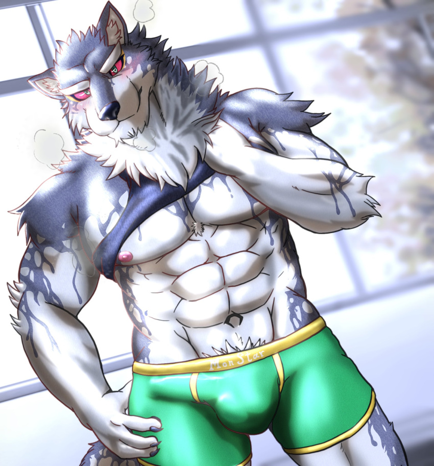 abs anthro black_and_white_fur blush bulge canid canine canis clothing domestic_dog green_eyes hi_res husky lifewonders live_a_hero male mammal monomasa muscular muscular_anthro muscular_male nipples nordic_sled_dog pecs red_sclera shirt solo spitz tank_top topwear underwear yom_mido_plus