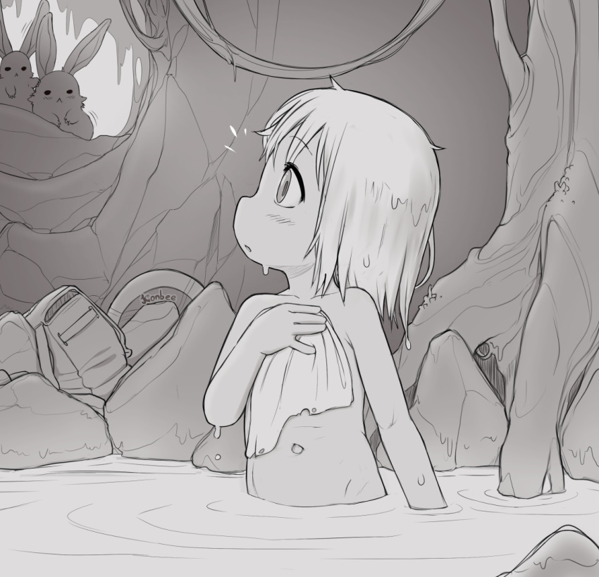 1girl backpack backpack_removed bag bathing covering creature greyscale kionant made_in_abyss medium_hair monochrome navel notice_lines nude nude_cover original parted_lips partially_submerged rabbit signature solo wet wet_hair