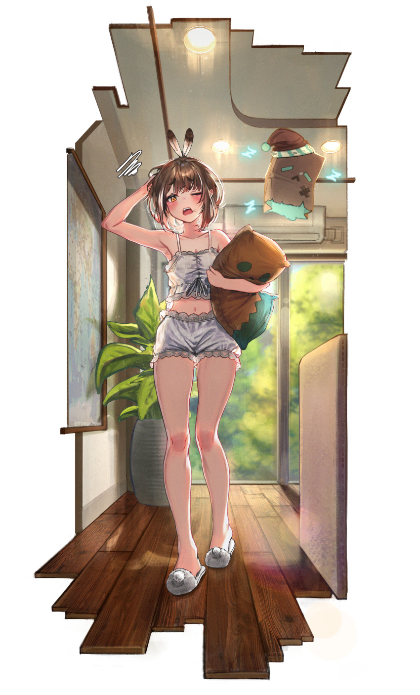 1girl absurdres air_conditioner bag bangs blush brown_eyes brown_hair crossed_bandaids day feather_hair_ornament feathers friend_(nanashi_mumei) full_body hair_ornament highres hololive hololive_english indoors looking_at_viewer midriff multicolored_hair nanashi_mumei navel one_eye_closed pajamas paper_bag pillow plant potted_plant short_hair slippers solo squiggle standing streaked_hair tenchi_mayo virtual_youtuber wooden_floor