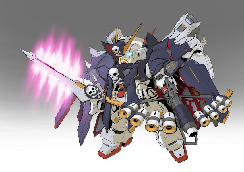 absurdres beam_saber blue_eyes bowgun crossbone_gundam crossbone_gundam_x-1_full_cloth dated_commentary deformed dual_wielding glowing glowing_eyes gradient gradient_background gundam highres holding holding_bowgun holding_sword holding_weapon mecha mobile_suit no_humans robot science_fiction skull_and_crossbones solo sword v-fin weapon zakuma