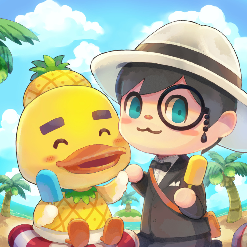 2boys :3 ^_^ animal_crossing animal_feet argyle argyle_shirt ball bangs beach beachball beak bird_boy black-framed_eyewear black_bow black_bowtie black_hair black_jacket black_pants blue_eyes blue_sky blush blush_stickers body_fur bottomless bow bowtie buttons closed_eyes closed_mouth cloud coconut coconut_tree collared_shirt commentary_request day fisheye food fuji_sono full_body furry furry_male hands_up happy hat highres holding holding_food holding_hands innertube jacket joey_(animal_crossing) long_sleeves looking_at_viewer male_focus monocle multiple_boys ocean open_mouth outdoors palm_tree pants pocket_square popsicle safari_hat sand shirt short_hair sitting sky sleeveless sleeveless_shirt smile standing thick_eyebrows traditional_bowtie tree two-tone_fur villager_(animal_crossing) water white_fur white_headwear white_shirt wings yellow_fur yellow_headwear yellow_shirt