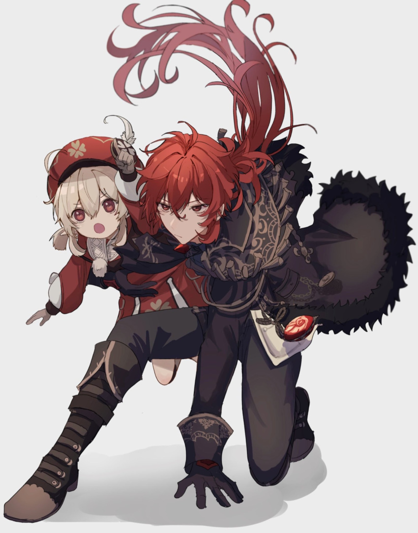 1boy 1girl 403pa ahoge antenna_hair arm_up bangs black_coat black_footwear black_gloves black_pants blonde_hair boots brown_gloves carrying clenched_hand closed_mouth clover_print coat commentary_request crossed_bangs diluc_(genshin_impact) floating_hair full_body fur-trimmed_coat fur_trim genshin_impact gloves hair_between_eyes hat hat_feather highres klee_(genshin_impact) knee_boots long_hair long_sleeves looking_at_viewer low_ponytail low_twintails open_mouth pants pom_pom_(clothes) ponytail red_coat red_eyes red_hair red_headwear serious shirt sidelocks simple_background sleeve_cuffs superhero_landing tassel twintails v-shaped_eyebrows vision_(genshin_impact) white_background white_shirt
