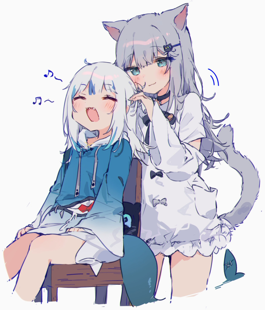 2girls :3 ahoge animal_costume animal_ears bangs black_bow black_choker blue_eyes blue_hair blue_hoodie blue_tail blunt_bangs blush bow cat_ears cat_girl cat_tail chair choker closed_eyes closed_mouth fish_tail gawr_gura grey_hair grey_tail hand_in_another's_hair highres hololive hololive_english hood hoodie indie_virtual_youtuber long_hair long_sleeves medium_hair messy_hair multicolored_hair multiple_girls music musical_note nachoneko no_pants o_(jshn3457) open_mouth original pocket shark_costume shark_girl shark_tail sharp_teeth simple_background singing sitting sleeves_past_wrists spoken_musical_note straight_hair streaked_hair tail teeth two-tone_hair upper_teeth_only virtual_youtuber white_background white_hair wide_sleeves wooden_chair