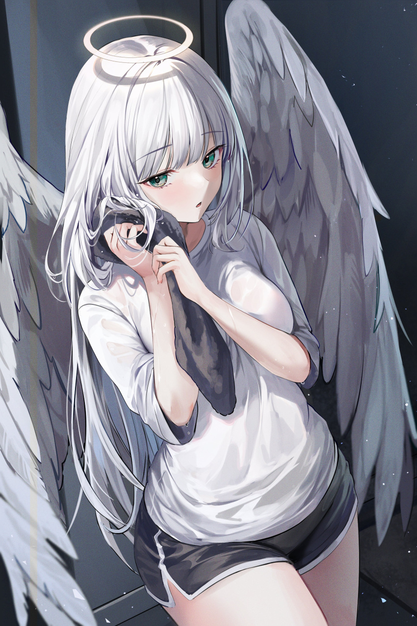 1girl absurdres angel angel_wings bangs black_shorts black_towel blunt_bangs blush breasts commentary_request commission cover cover_page cowboy_shot dolphin_shorts dutch_angle feathered_wings green_eyes gym_uniform halo hands_up highres holding holding_towel korean_commentary large_breasts light_particles lillly long_hair looking_at_viewer novel_illustration official_art original parted_lips shirt short_shorts shorts sidelocks sleeves_pushed_up solo sweat thighs towel wet wet_clothes wet_shirt white_hair white_shirt wings wiping_sweat