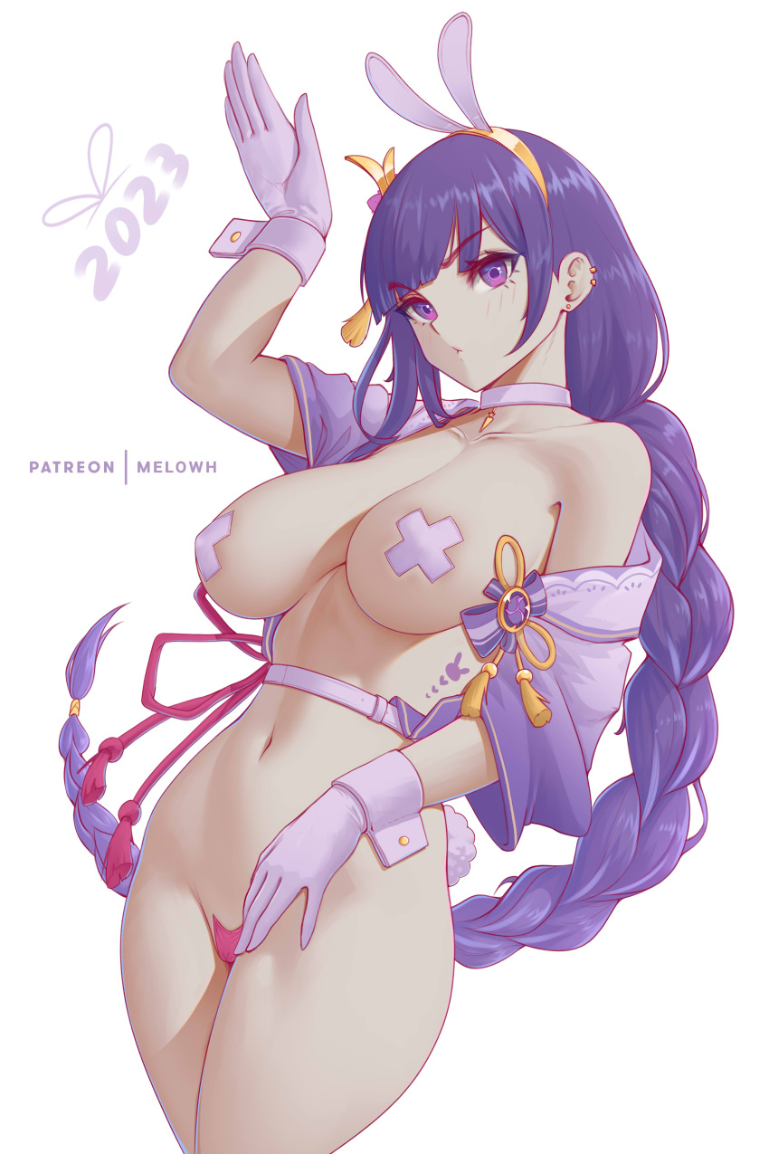 1girl absurdres animal_ears bangs braid braided_ponytail breasts chinese_zodiac choker collarbone detached_sleeves ear_piercing earrings fake_animal_ears genshin_impact gloves groin highres jewelry large_breasts long_hair looking_at_viewer maebari melowh navel pasties patreon_username piercing pink_choker pink_gloves purple_eyes purple_hair purple_sleeves rabbit_ears raiden_shogun solo stud_earrings thighs white_background wrist_cuffs year_of_the_rabbit