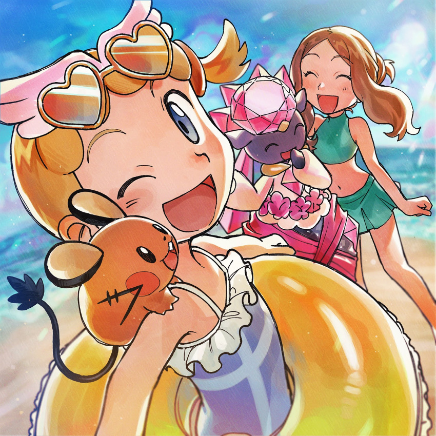 2girls :d ;d bare_arms beach blonde_hair blurry bonnie_(pokemon) brown_hair closed_eyes commentary_request day dedenne diancie elizabeth_(tomas21) eyelashes frills grey_one-piece_swimsuit happy heart heart-shaped_eyewear highres marine_day multiple_girls navel on_shoulder one-piece_swimsuit one_eye_closed one_side_up open_mouth outdoors pokemon pokemon_(anime) pokemon_(creature) pokemon_on_shoulder pokemon_xy_(anime) sand serena_(pokemon) shore sidelocks smile standing sunglasses swimsuit water
