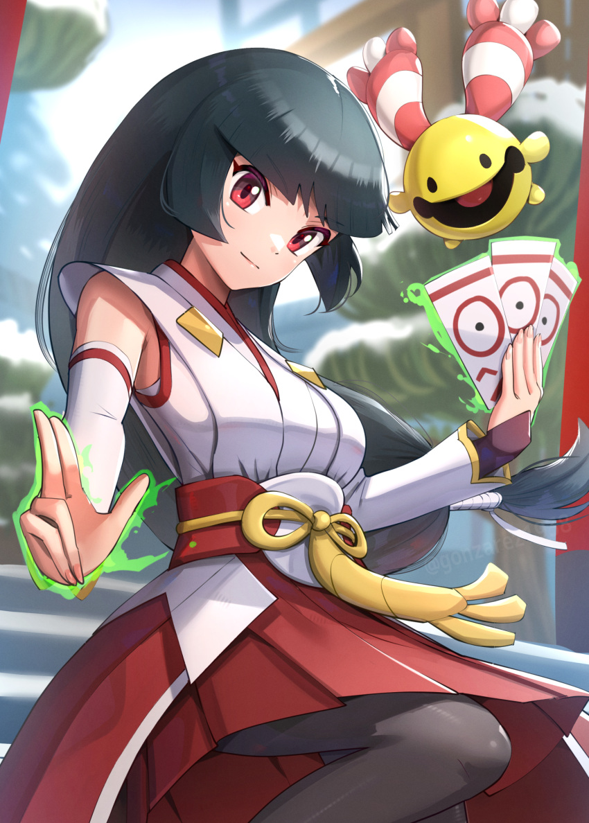 1girl absurdres bangs black_hair blunt_bangs blurry blurry_background chingling closed_mouth commentary_request day glowing gonzarez highres holding japanese_clothes kimono long_hair looking_down official_alternate_costume outdoors pantyhose pleated_skirt pokemon pokemon_(creature) pokemon_(game) pokemon_masters_ex red_eyes red_sash red_skirt sabrina_(new_year's_2022)_(pokemon) sabrina_(pokemon) sash skirt smile white_kimono
