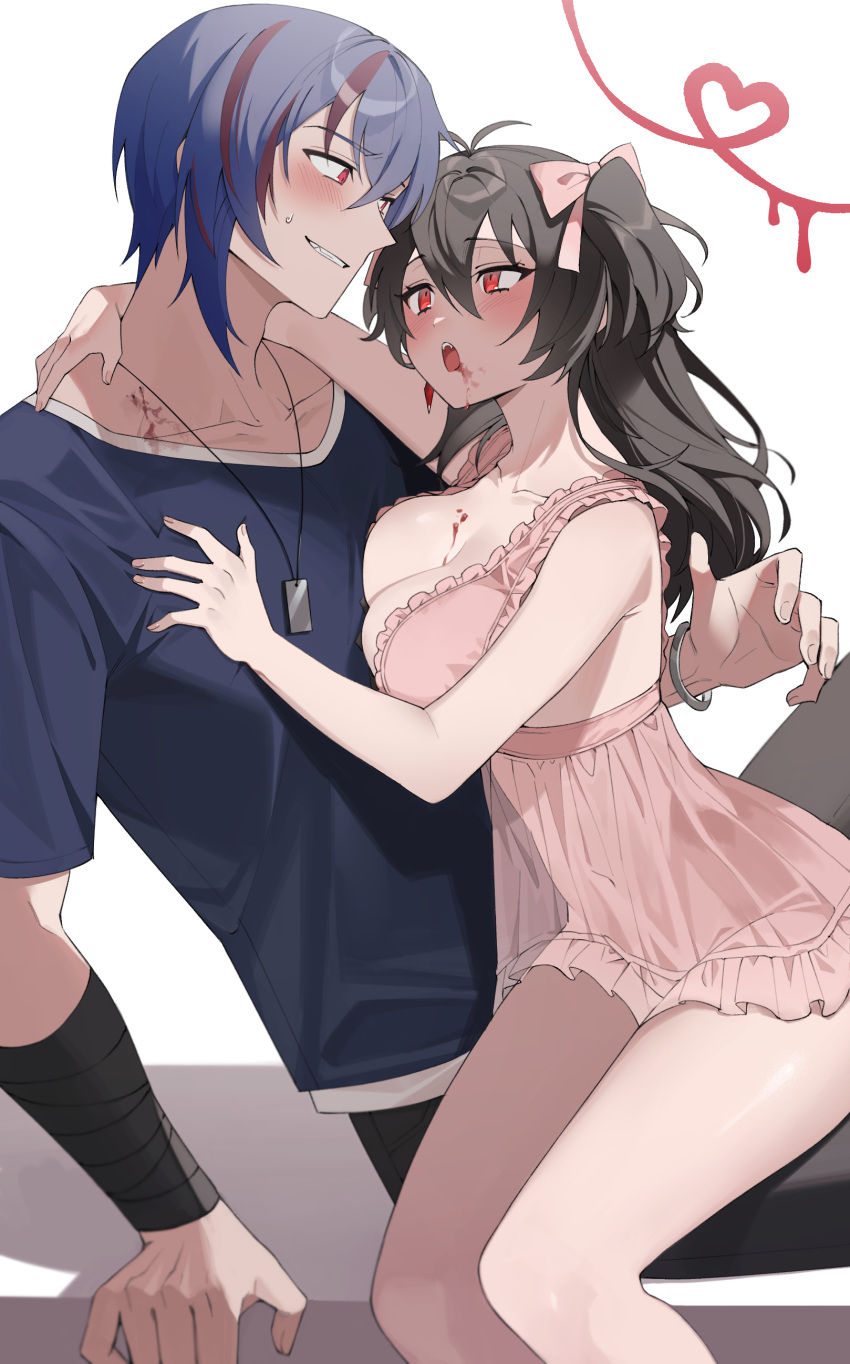 1boy 1girl absurdres ahoge bandaged_arm bandages bangs bare_shoulders black_hair black_pants blood blood_on_breasts blood_on_face blue_hair blue_shirt blush bow bracelet breasts camisole cleavage collarbone commentary dog_tags fangs feet_out_of_frame hair_between_eyes hair_bow hand_on_another's_chest highres hug jewelry large_breasts lingerie long_bangs looking_at_another lvemhrd multicolored_hair navel open_mouth original pants pink_bow pink_camisole red_eyes red_hair see-through see-through_camisole shirt short_hair simple_background streaked_hair sweatdrop thighs two_side_up underwear vampire white_background
