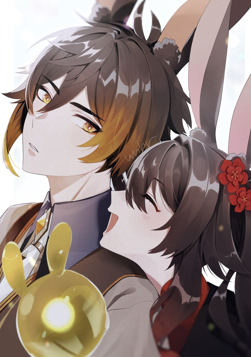 1boy 1girl animal_ears bangs black_hair blush brown_hair coat commentary eyeliner eyeshadow face-to-face flower formal genshin_impact gradient_hair hair_between_eyes highres hu_tao_(genshin_impact) looking_at_another makeup multicolored_hair necktie open_mouth plum_blossoms rabbit_ears red_eyeshadow seelie_(genshin_impact) shirt signature smile suit symbol-only_commentary upper_body white_necktie wnhr_gnsn yellow_eyes zhongli_(genshin_impact)