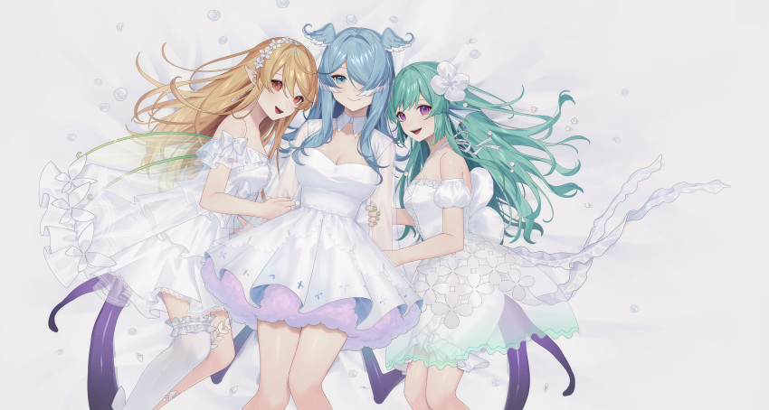 3girls blonde_hair blue_eyes blue_hair blue_wings breasts cleavage closed_mouth clothing_request commentary dress elira_pendora feet_out_of_frame finana_ryugu flower green_hair hair_flower hair_ornament hair_over_one_eye hair_ribbon head_fins head_wings highres holding_another's_arm lazulight long_hair looking_at_viewer lying medium_breasts multicolored_hair multiple_girls nijisanji nijisanji_en on_back open_mouth pointy_ears pomu_rainpuff purple_eyes red_eyes ribbon simple_background single_thighhigh smile symbol-only_commentary thigh_strap thighhighs virtual_youtuber wenz white_background white_dress white_flower white_hair white_ribbon white_thighhighs wings