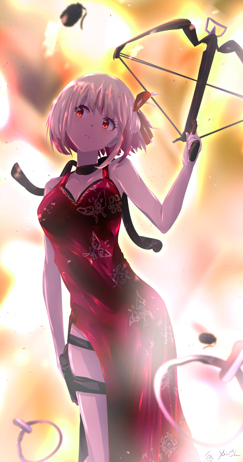 1girl absurdres ada_wong ada_wong_(cosplay) animal_print bob_cut breasts butterfly_print commentary_request cosplay crossbow dress explosion explosive fire grenade grenade_pin hair_ribbon hand_up head_tilt highres holding holding_crossbow holding_weapon holster lycoris_recoil medium_breasts nishikigi_chisato one_side_up parted_lips red_dress red_eyes red_ribbon resident_evil ribbon sengoku_chidori short_hair side_slit solo teeth thigh_holster weapon