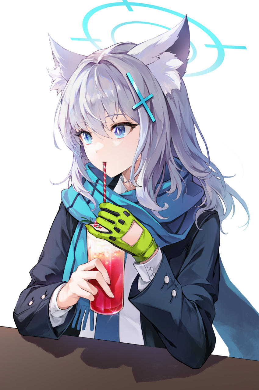 absurd_res accessory animal_ears animal_humanoid beverage blue_eyes blue_scarf clothed clothing container cup drinking female furniture glass glass_container glass_cup gloves green_clothing green_gloves green_handwear grey_hair hair hair_accessory handwear hi_res humanoid mammal mammal_humanoid minj_kim scarf school_uniform shadow simple_background sitting solo table uniform white_background white_hair