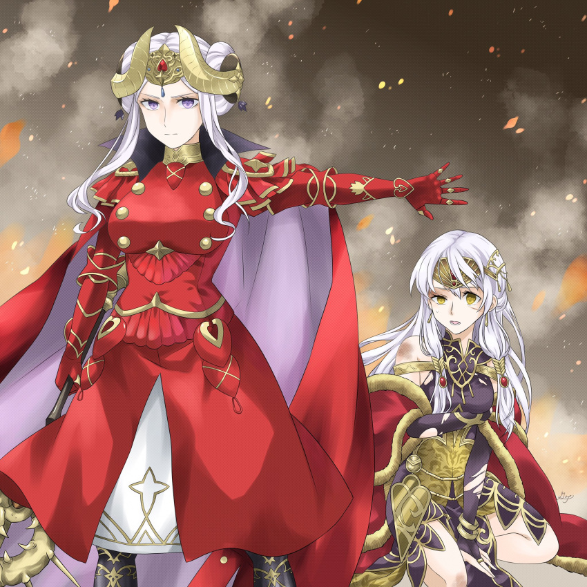 2girls axe aymr_(fire_emblem) bangs black_dress bridal_gauntlets bruise cape circlet coat commission double_bun dress edelgard_von_hresvelg fire_emblem fire_emblem:_radiant_dawn fire_emblem:_three_houses gauntlets gloves greentapir0415 grey_hair hair_bun hair_ornament highres holding holding_axe horn_ornament horns injury kneeling long_hair micaiah_(fire_emblem) multiple_girls pixiv_commission purple_eyes red_cape red_coat serious side_slit sleeveless sleeveless_dress smoke standing tiara torn_clothes torn_dress torn_gloves turtleneck_dress white_hair yellow_eyes