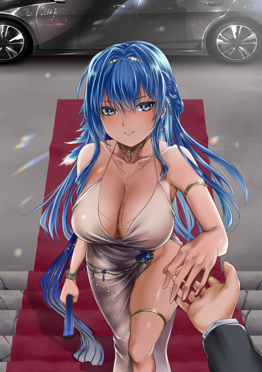1girl armlet bangs bare_shoulders blue_eyes blue_hair bracelet breasts car circlet cleavage diamond_earrings dress earrings evening_gown formal from_above goddess_of_victory:_nikke grey_dress ground_vehicle hand_fan haru_(hr_works) helm_(chandelier)_(nikke) helm_(nikke) highres holding holding_fan jewelry large_breasts looking_at_viewer motor_vehicle necklace outstretched_hand red_carpet side_slit smile solo_focus suit thighlet