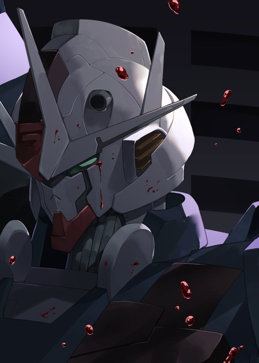 absurdres blood blood_on_face blood_stain commentary floating green_eyes gundam gundam_aerial_rebuild gundam_suisei_no_majo highres mecha mobile_suit no_humans portrait puni_(punycolors) robot solo v-fin zero_gravity