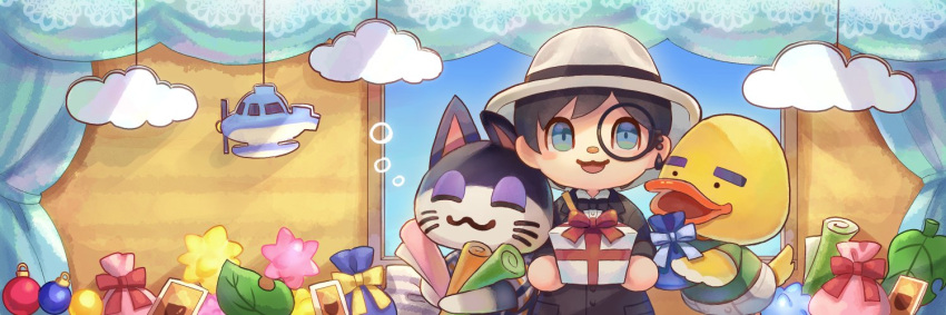 ._. 3boys :3 ^_^ animal_crossing animal_ears bag bangs bauble beak bird_boy bird_tail black-framed_eyewear black_bow black_bowtie black_coat black_eyes black_fur black_hair blue_eyes blush blush_stickers body_fur bow bowtie box card cat_boy cat_ears closed_eyes closed_mouth cloud coat commentary_request curtains facial_mark fuji_sono furry furry_male gift gift_box green_shirt happy holding holding_bag holding_box indoors joey_(animal_crossing) leaf leaning_on_person light_blush long_sleeves looking_at_viewer male_focus monocle multicolored_shirt multiple_boys own_hands_together plaid plaid_shirt pouch punchy_(animal_crossing) red_bow red_ribbon ribbon safari_hat shirt shirt_tucked_in short_hair short_sleeves shorts smile standing straight-on tail thick_eyebrows traditional_bowtie two-tone_fur upper_body villager_(animal_crossing) whisker_markings white_fur white_headwear white_shirt white_shorts window yellow_fur