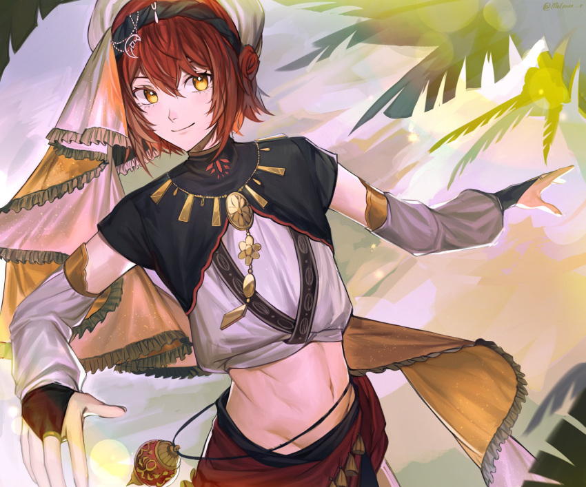 1boy arabian_clothes bridal_gauntlets charm_(object) crescent crescent_hair_ornament crop_top detached_sleeves groin hair_between_eyes hair_bun hair_ornament hanasaki_miyabi highres holostars jewelry looking_at_viewer male_focus mellowone midriff necklace official_alternate_costume palm_leaf red_hair red_sash sash shirt short_hair short_sleeves single_side_bun smile solo turban upper_body veil virtual_youtuber white_shirt yellow_eyes