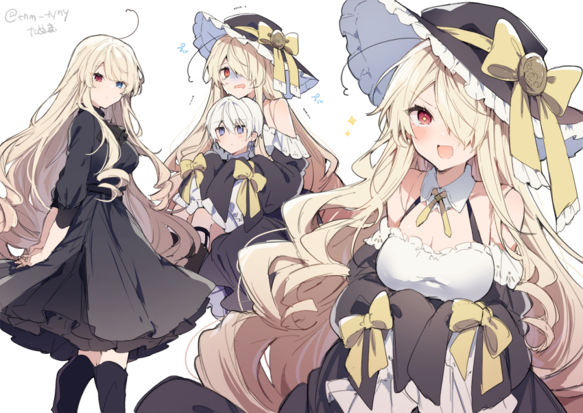 1boy 1girl :d ahoge black_dress black_headwear black_socks blonde_hair blue_eyes blush bow breasts cleavage closed_mouth dot_mouth dress edel_(ikeuchi_tanuma) framed_breasts hair_over_one_eye hat hat_bow heterochromia highres ikeuchi_tanuma long_hair long_sleeves looking_at_viewer medium_breasts one_eye_covered open_mouth original red_eyes rudy_(ikeuchi_tanuma) simple_background sitting sitting_on_lap sitting_on_person sleeve_bow smile socks tall_female very_long_hair white_background yellow_bow