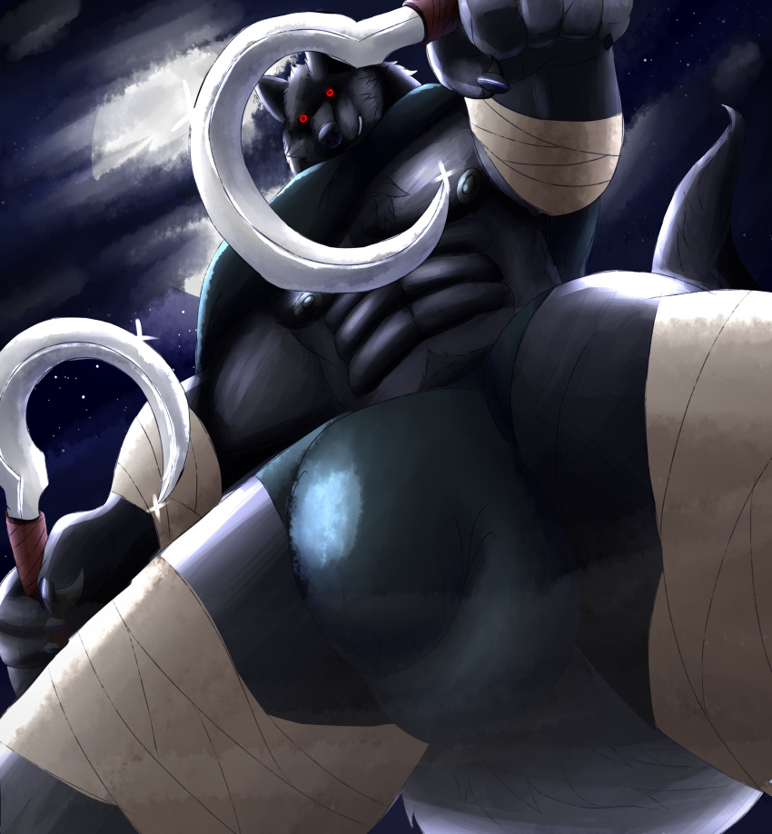 2023 abs absurd_res anthro artist_name ball_bulge bandage biceps big_bulge bottomwear bulge canid canine canis claws cloak clothing cloud cloudy cloudy_sky cornered danger death_(puss_in_boots) digital_drawing_(artwork) digital_media_(artwork) dreamworks fluffy fog full_moon fur glowing glowing_eyes grey_body grey_fur hair henryfda hi_res holding_object holding_weapon huge_bulge intimidation light line_art long_tail looking_at_viewer looking_down_at_viewer looming looming_over male mammal moon moonlight multicolored_body multicolored_fur muscular muscular_anthro muscular_male night nipples pecs puss_in_boots_(film) puss_in_boots_the_last_wish red_eyes shaded shiny_(disambiguation) sickle simple_background smile smirk smirking_at_viewer solo solo_focus star tail teeth text triceps underwear url weapon wolf