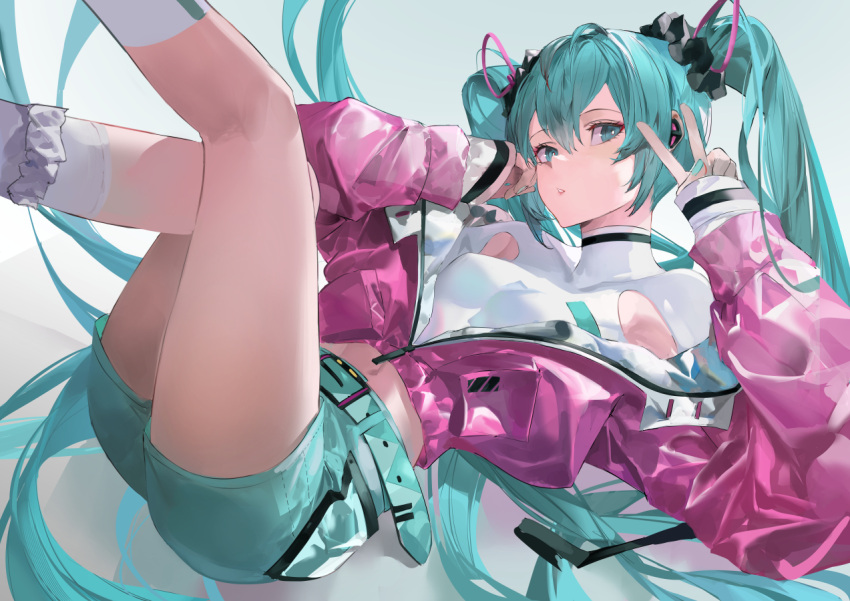 1girl alternate_costume alternate_hair_ornament aqua_belt aqua_eyes aqua_hair aqua_nails aqua_shorts armpit_cutout bangs belt blazpu clothing_cutout feet_out_of_frame hatsune_miku legs_up long_hair long_sleeves looking_at_viewer nail_polish parted_lips partially_unzipped shirt shorts socks solo solwa turtleneck twintails v very_long_hair vocaloid white_shirt white_socks